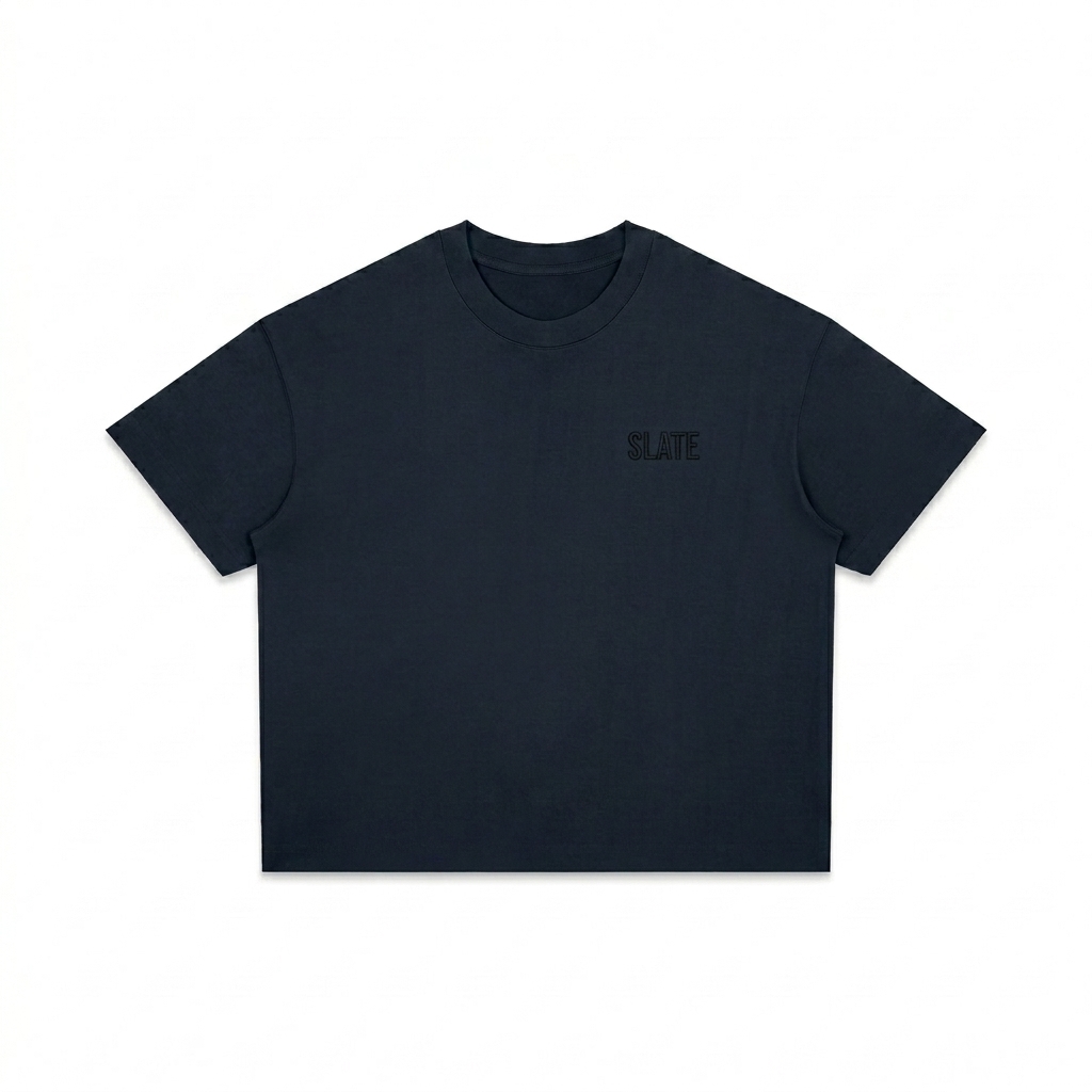 Custom Unisex Boxy Drop Shoulder T-Shirt design direction 1: Tonal Wordmark featuring the SLATE wordmark