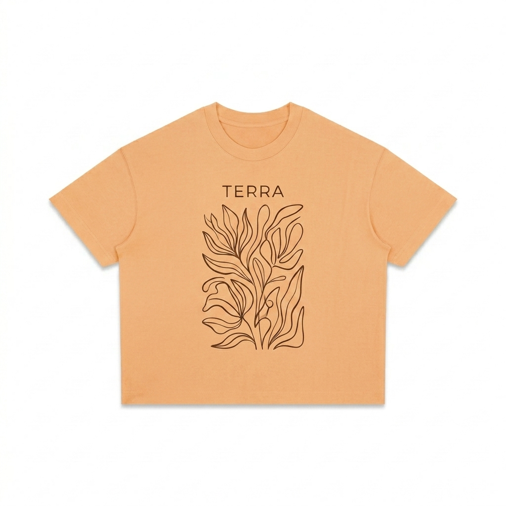 Custom Unisex Boxy Drop Shoulder T-Shirt design direction 2: Abstract Botanical Graphic featuring the TERRA wordmark
