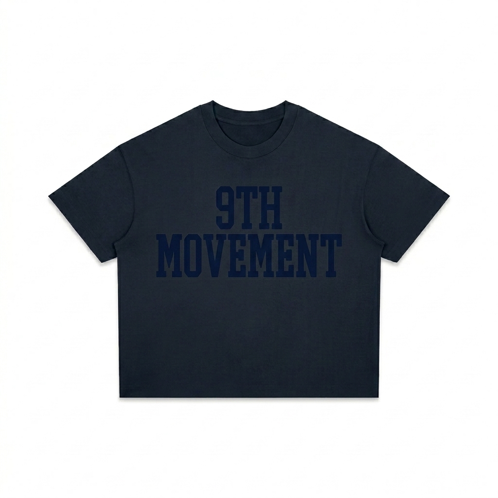 Custom Unisex Boxy Drop Shoulder T-Shirt design direction 3: Varsity Lettering featuring the 9TH MOVEMENT wordmark