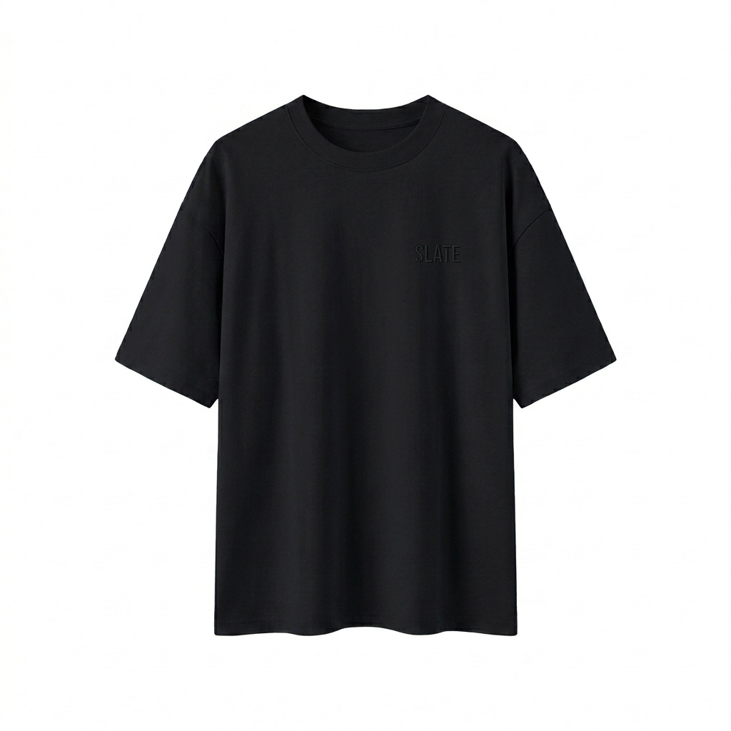 Custom Unisex Boxy Oversized T-Shirt design direction 1: Tonal Minimalist Wordmark featuring the SLATE wordmark