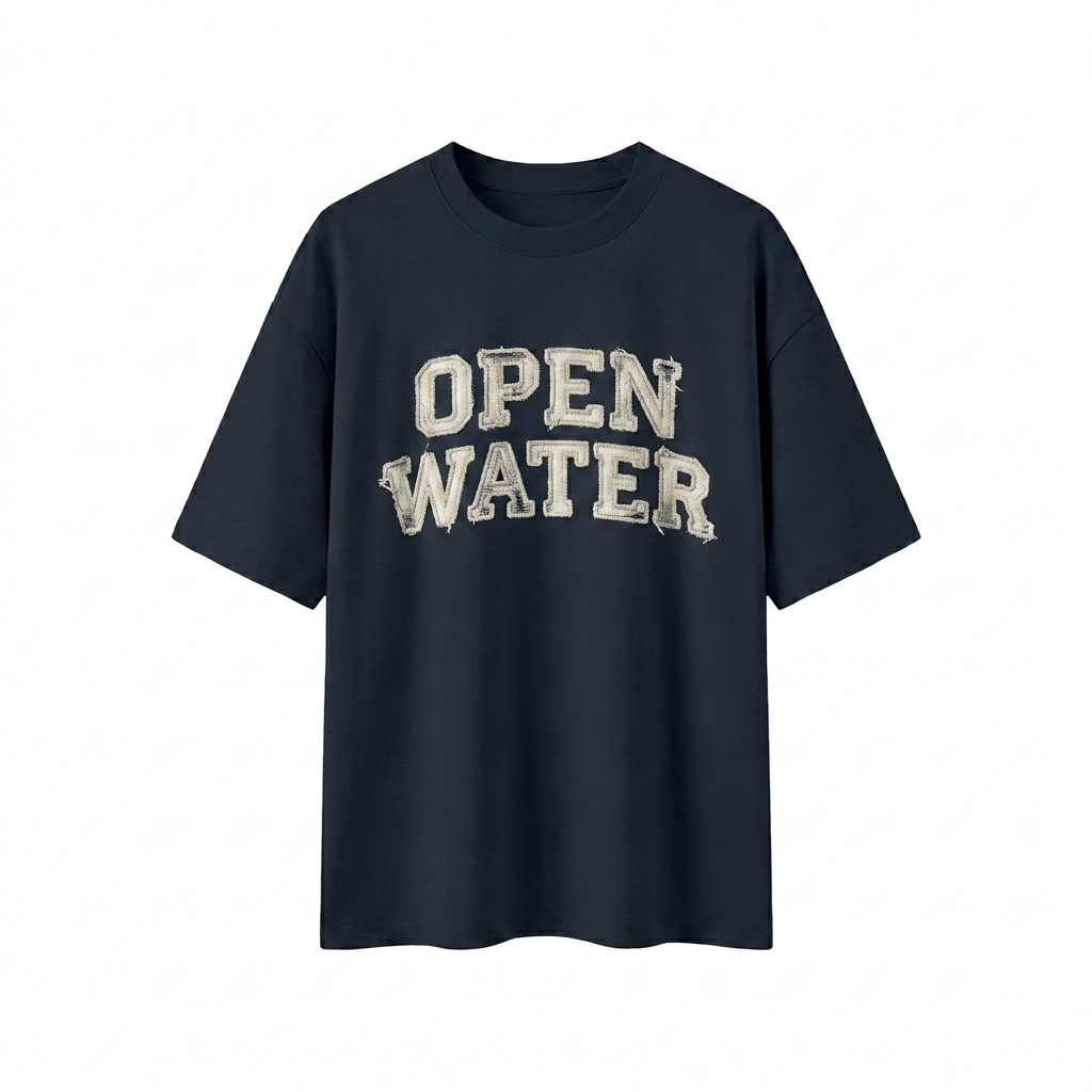 Custom Unisex Boxy Oversized T-Shirt design direction 3: Retro Collegiate Emblem featuring the OPEN WATER wordmark