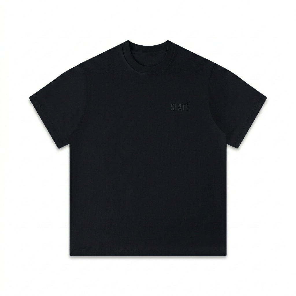 Custom Unisex Boxy T-Shirt design direction 1: Tonal Minimalist Wordmark featuring the SLATE wordmark