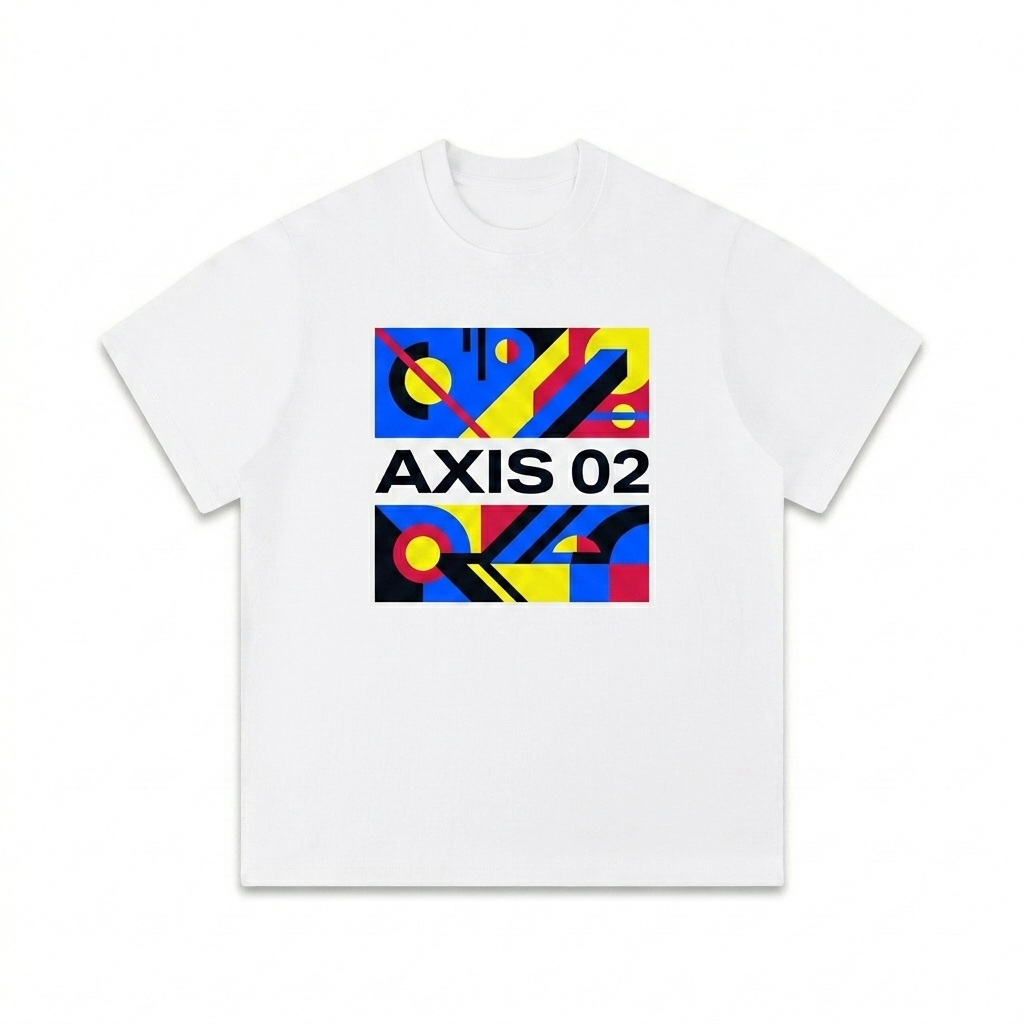 Custom Unisex Boxy T-Shirt design direction 2: Bold Geometric Illustration featuring the AXIS 02 wordmark