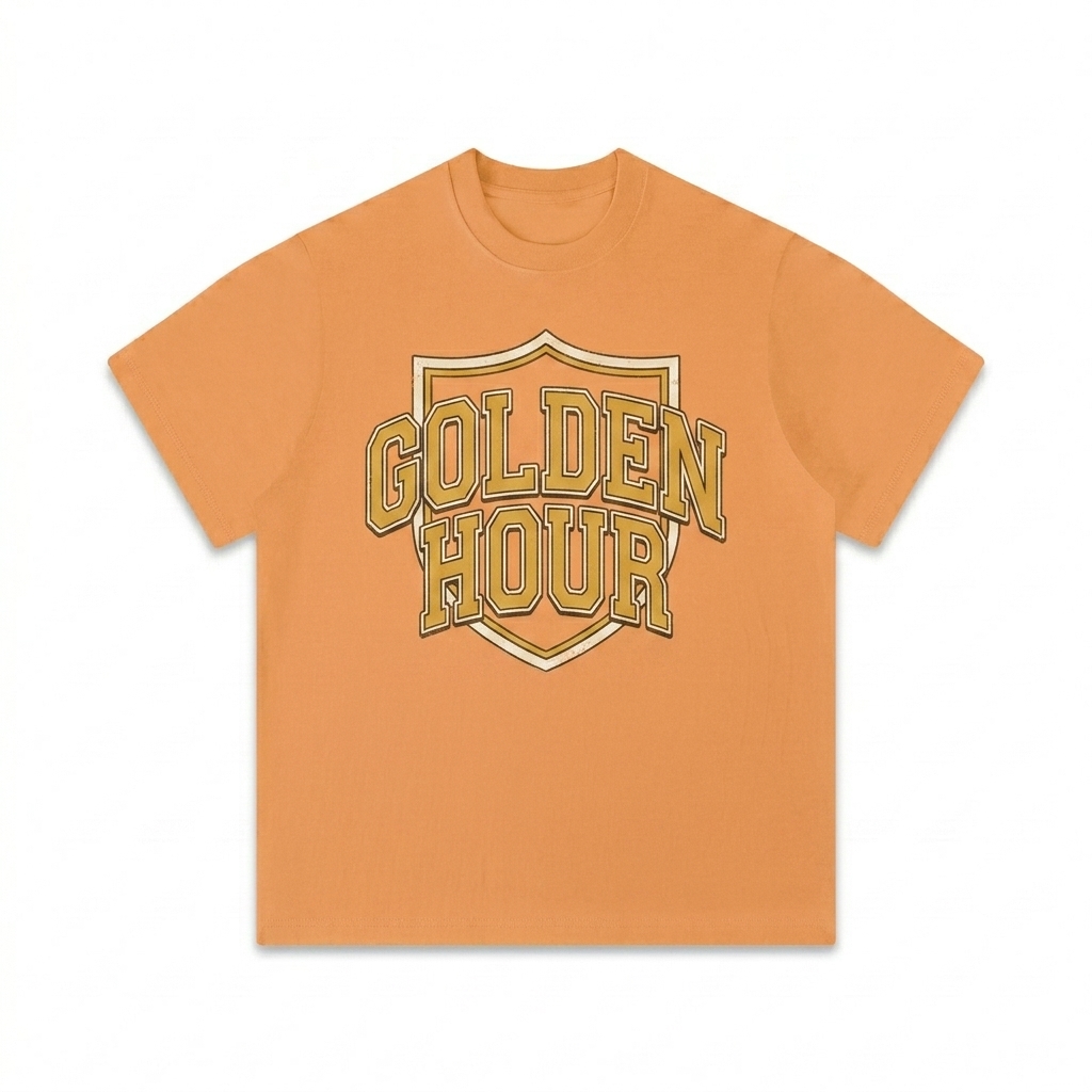 Custom Unisex Boxy T-Shirt design direction 3: Retro Collegiate Emblem featuring the GOLDEN HOUR wordmark