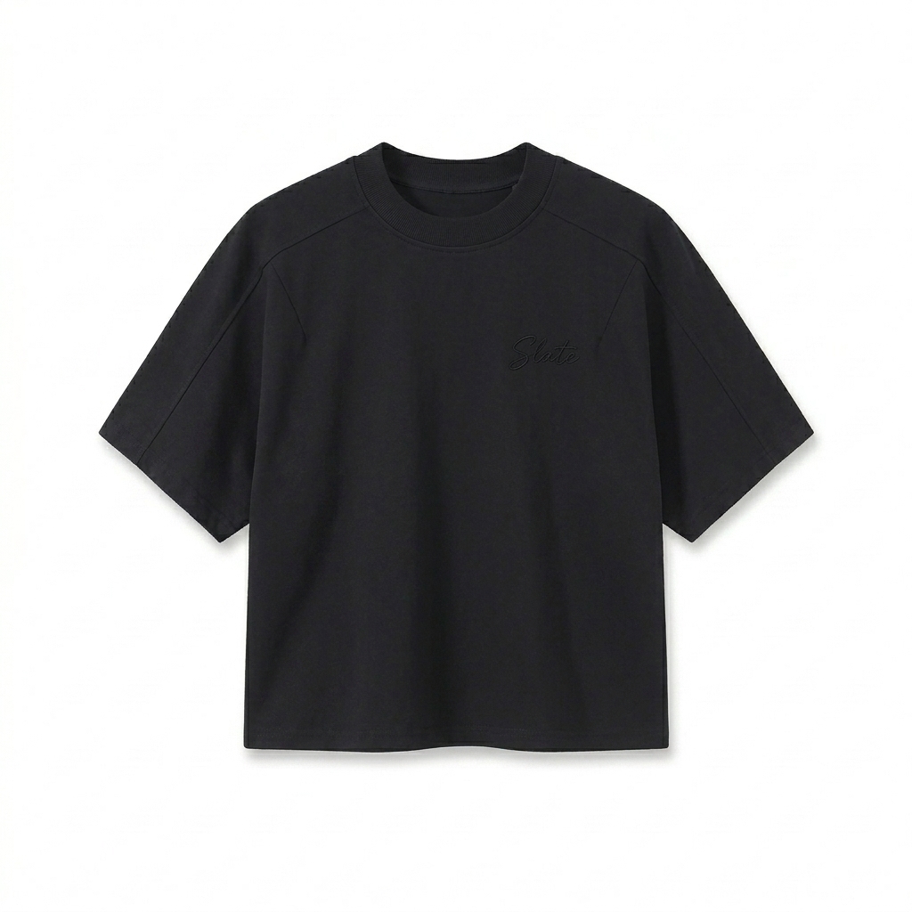 Custom Unisex Boxy Tonal T-Shirt design direction 1: Tonal Script Wordmark featuring the SLATE wordmark