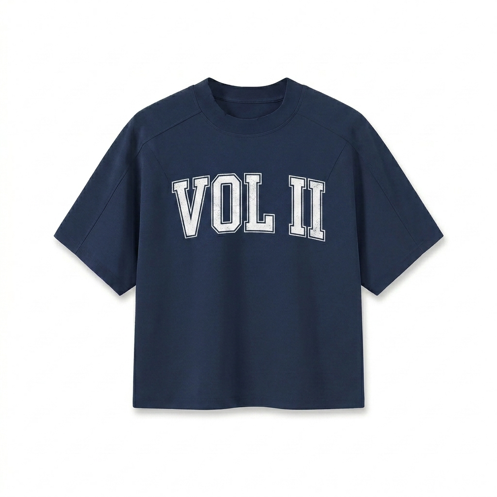 Custom Unisex Boxy Tonal T-Shirt design direction 3: Varsity Block Lettering featuring the VOL II wordmark