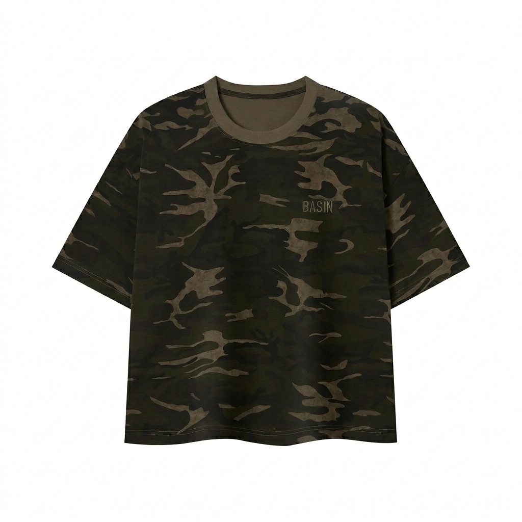 Custom Unisex Camo Boxy T-Shirt design direction 1: Tonal Minimalist Wordmark featuring the BASIN wordmark