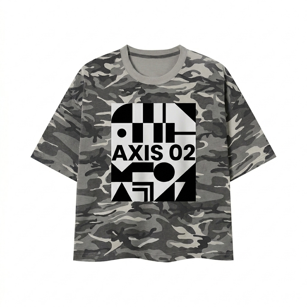 Custom Unisex Camo Boxy T-Shirt design direction 2: Bold Abstract Graphic featuring the AXIS 02 wordmark
