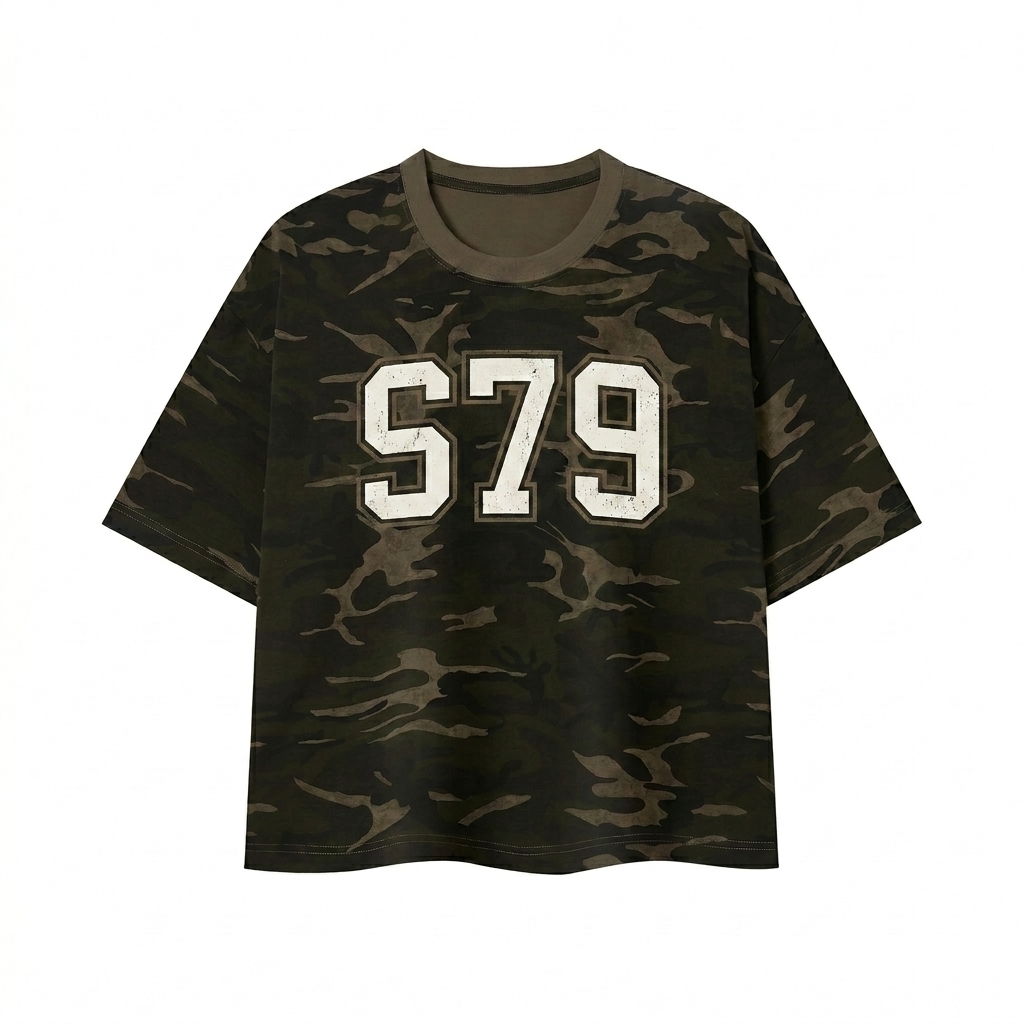 Custom Unisex Camo Boxy T-Shirt design direction 3: Retro Collegiate Emblem featuring the STUDIO 79 wordmark