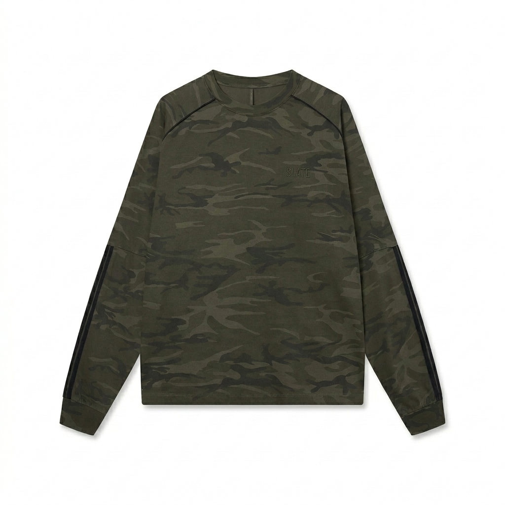 Custom Unisex Camo Long Sleeve T-Shirt design direction 1: Tonal Minimalist Wordmark featuring the SLATE wordmark