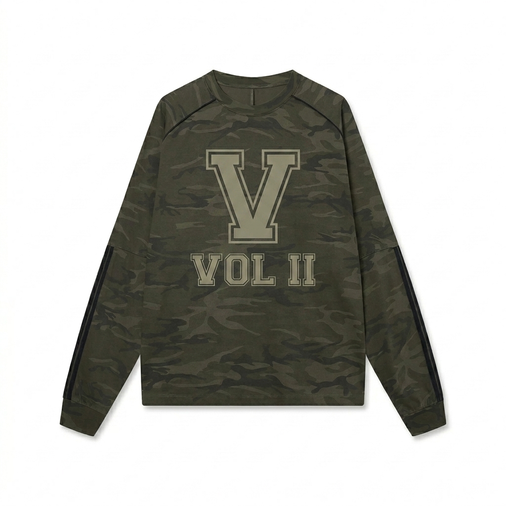 Custom Unisex Camo Long Sleeve T-Shirt design direction 3: Retro Collegiate Emblem featuring the VOL II wordmark
