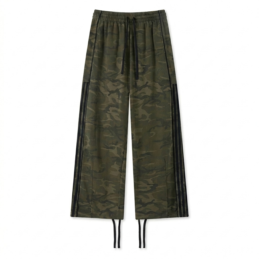 Custom Unisex Camo Wide Leg Sweatpants design direction 1: Tonal Minimalist Wordmark featuring the OFF GRID wordmark