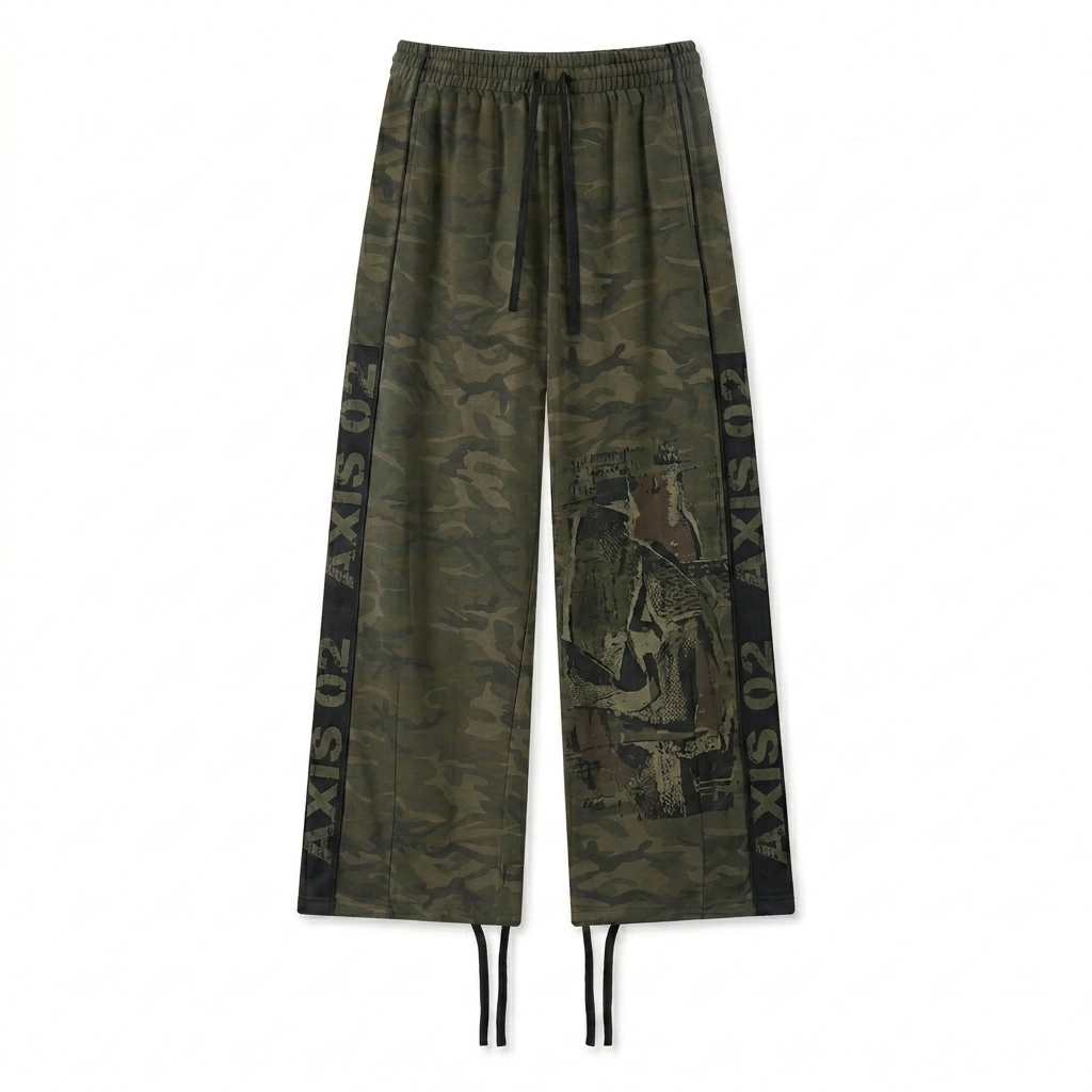 Custom Unisex Camo Wide Leg Sweatpants design direction 2: Streetwear Graphic featuring the AXIS 02 wordmark