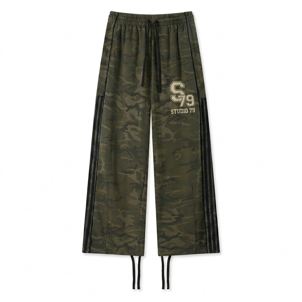 Custom Unisex Camo Wide Leg Sweatpants design direction 3: Retro Collegiate Emblem featuring the STUDIO 79 wordmark