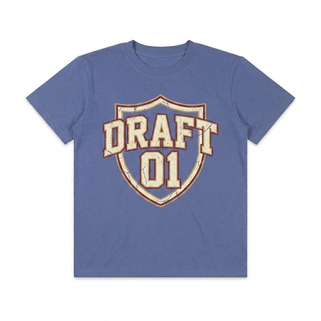 Custom Unisex Classic Crewneck T-Shirt design direction 3: Retro Collegiate Emblem featuring the DRAFT 01 wordmark