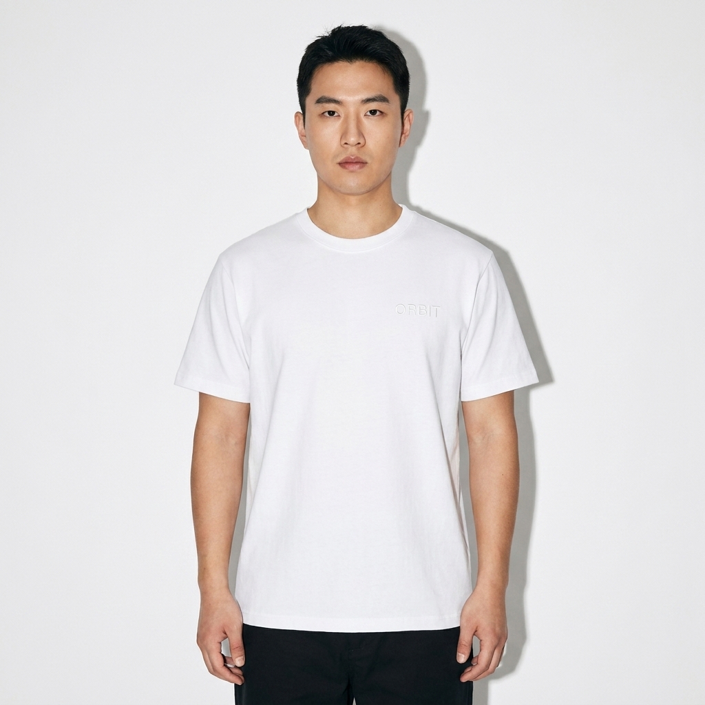 Unisex Classic Crewneck T-Shirt worn by a mid-size Chinese male fashion influencer, gorpcore outdoor styling, studio lookbook — custom unisex classic crewneck t-shirt