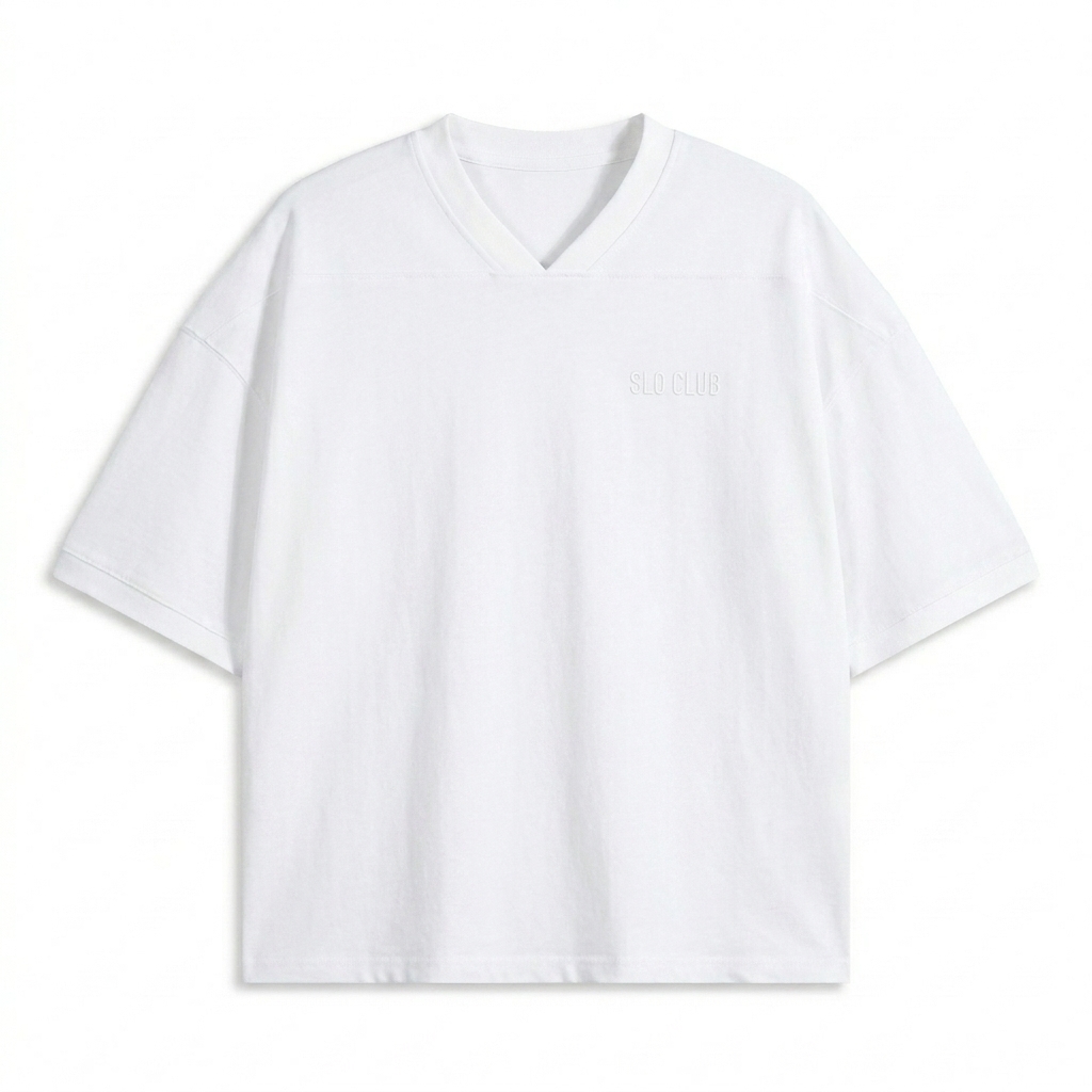 Custom Unisex Color Block Boxy T-Shirt design direction 1: Tonal Minimalist Wordmark featuring the SLO CLUB wordmark