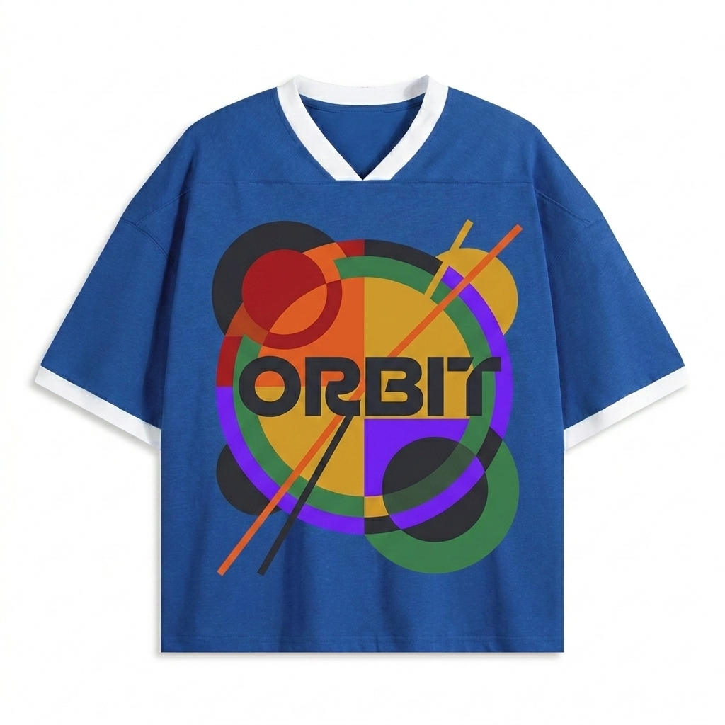 Custom Unisex Color Block Boxy T-Shirt design direction 2: Bold Abstract Graphic featuring the ORBIT wordmark