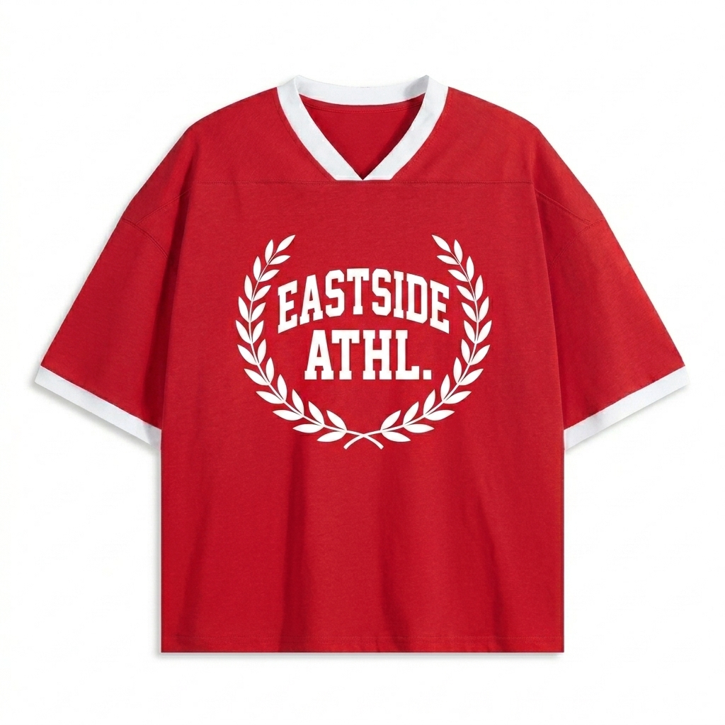 Custom Unisex Color Block Boxy T-Shirt design direction 3: Retro Collegiate Emblem featuring the EASTSIDE ATHL. wordmark