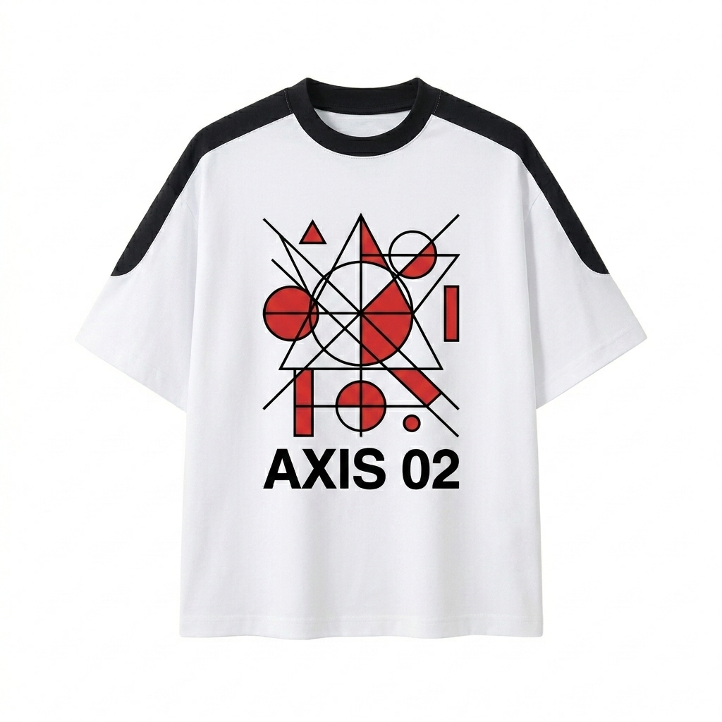 Custom Unisex Color Block Oversized T-Shirt design direction 2: Abstract Geometric Graphic featuring the AXIS 02 wordmark