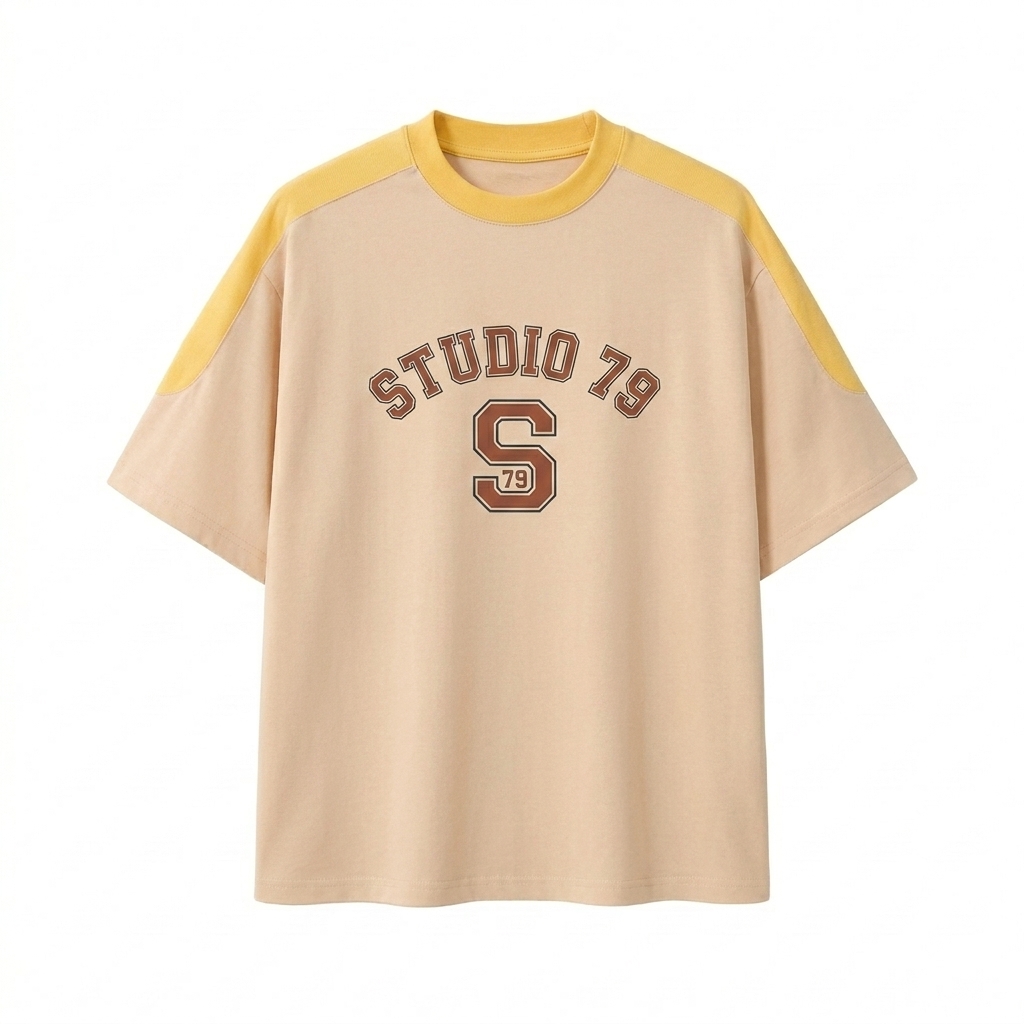 Custom Unisex Color Block Oversized T-Shirt design direction 3: Retro Collegiate Emblem featuring the STUDIO 79 wordmark