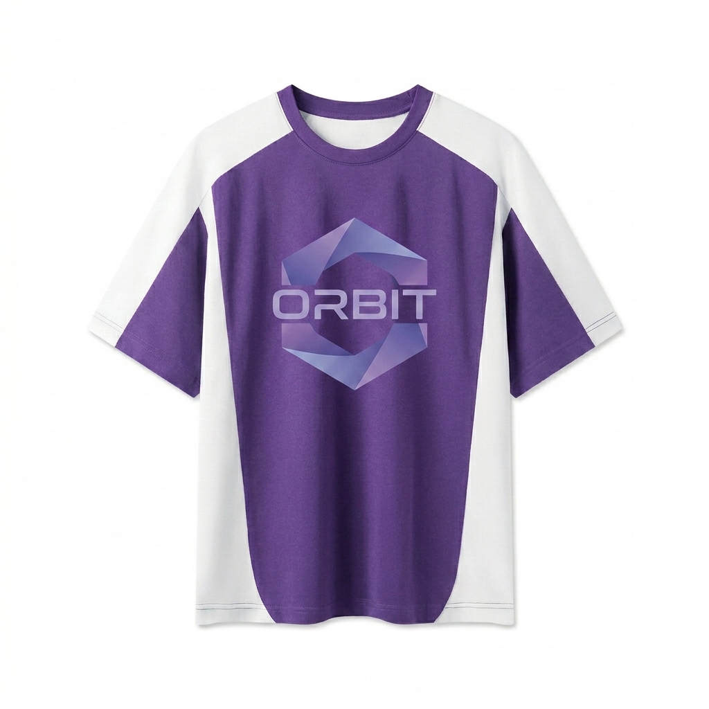 Custom Unisex Color Block T-Shirt design direction 2: Abstract Graphic Statement featuring the ORBIT wordmark