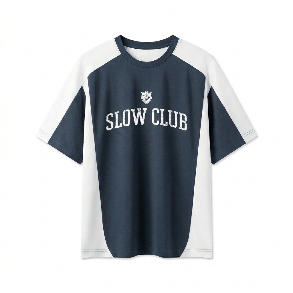 Custom Unisex Color Block T-Shirt design direction 3: Retro Collegiate Emblem featuring the SLOW CLUB wordmark
