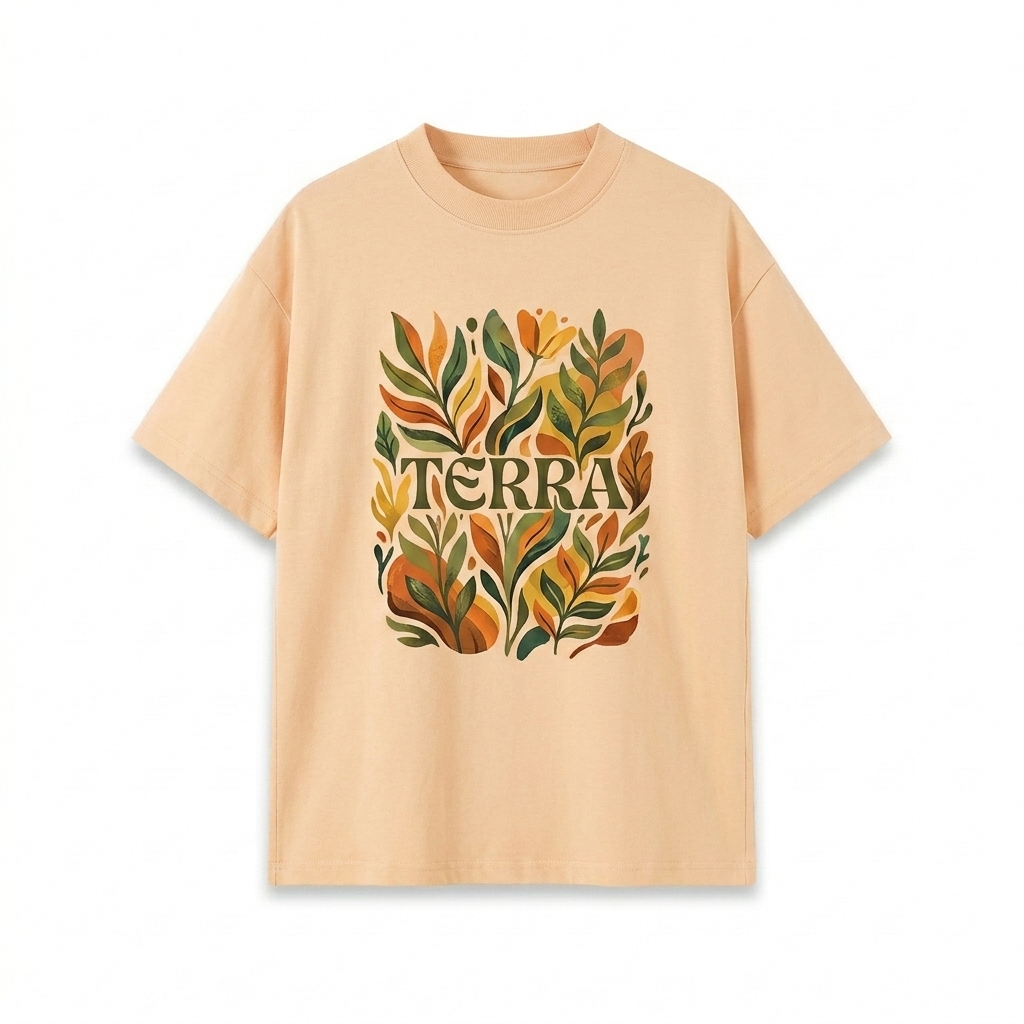 Custom Unisex Colorblock Crewneck T-Shirt design direction 2: Abstract Botanical Graphic featuring the TERRA wordmark