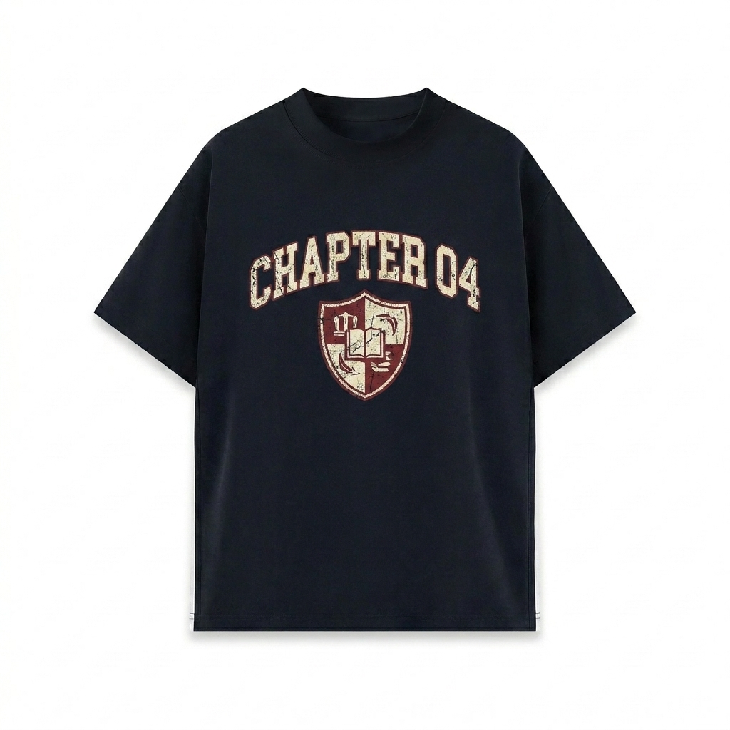 Custom Unisex Colorblock Crewneck T-Shirt design direction 3: Retro Collegiate Emblem featuring the CHAPTER 04 wordmark