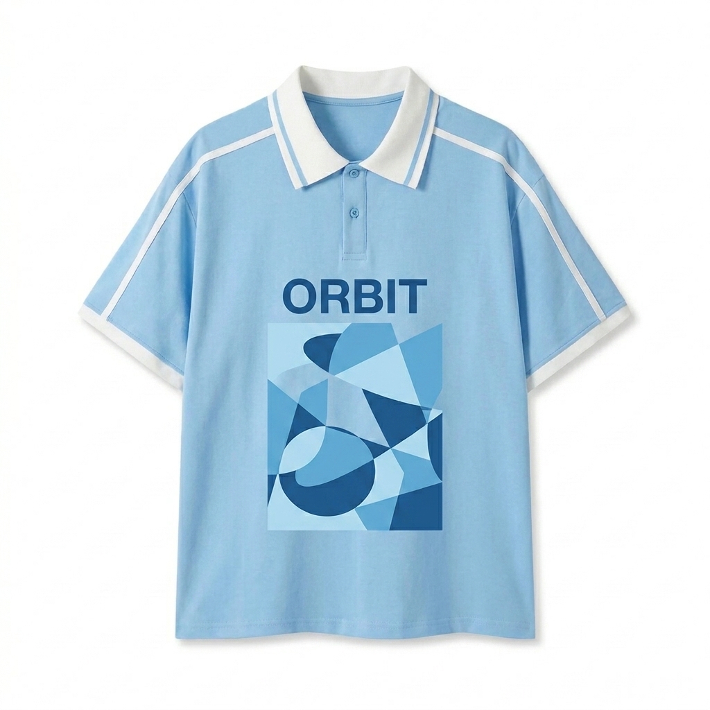 Custom Unisex Contrast Piping Polo Shirt design direction 2: Bold Abstract Graphic featuring the ORBIT wordmark