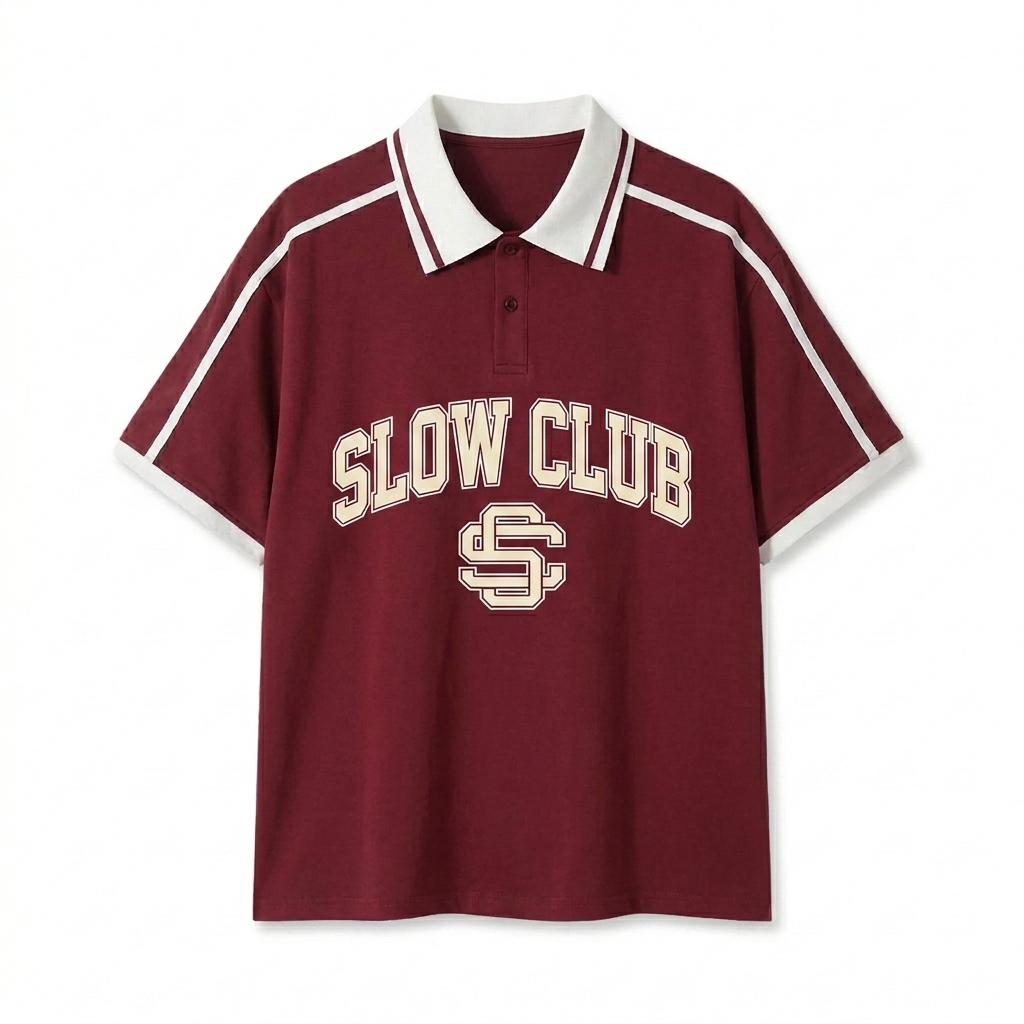 Custom Unisex Contrast Piping Polo Shirt design direction 3: Retro Collegiate Emblem featuring the SLOW CLUB wordmark