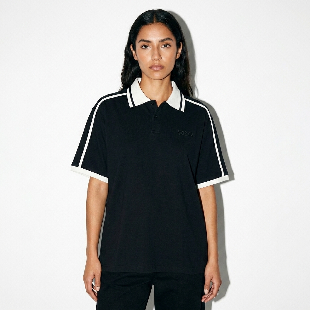 Unisex Contrast Piping Polo Shirt worn by a lean Mexican female fashion influencer, gorpcore outdoor styling, studio lookbook — custom unisex contrast piping polo shirt