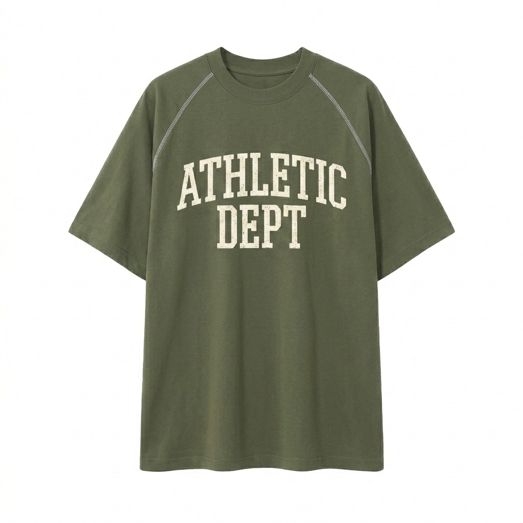 Custom Unisex Contrast Stitch Raglan T-Shirt design direction 3: Retro Collegiate Text featuring the ATHLETIC DEPT wordmark