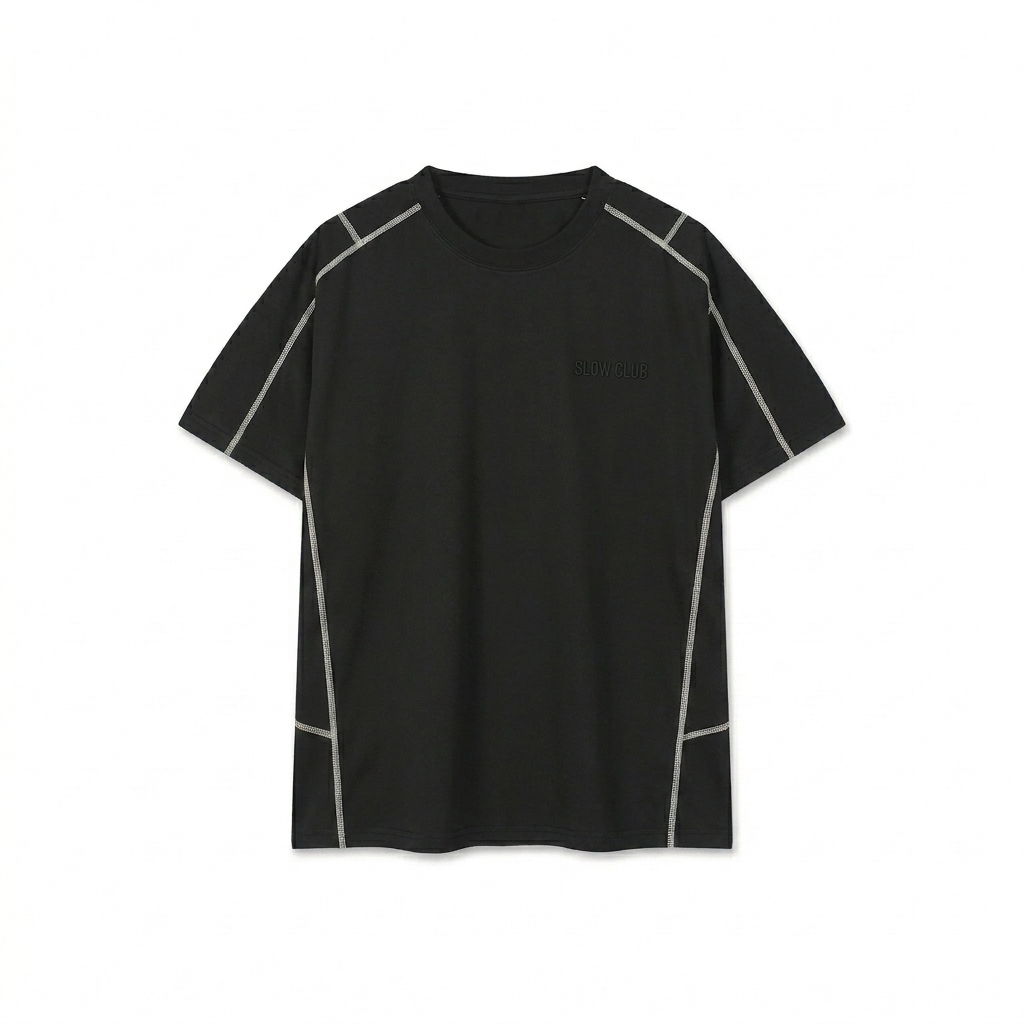 Custom Unisex Contrast Stitch T-Shirt design direction 1: Tonal Chest Wordmark featuring the SLOW CLUB wordmark