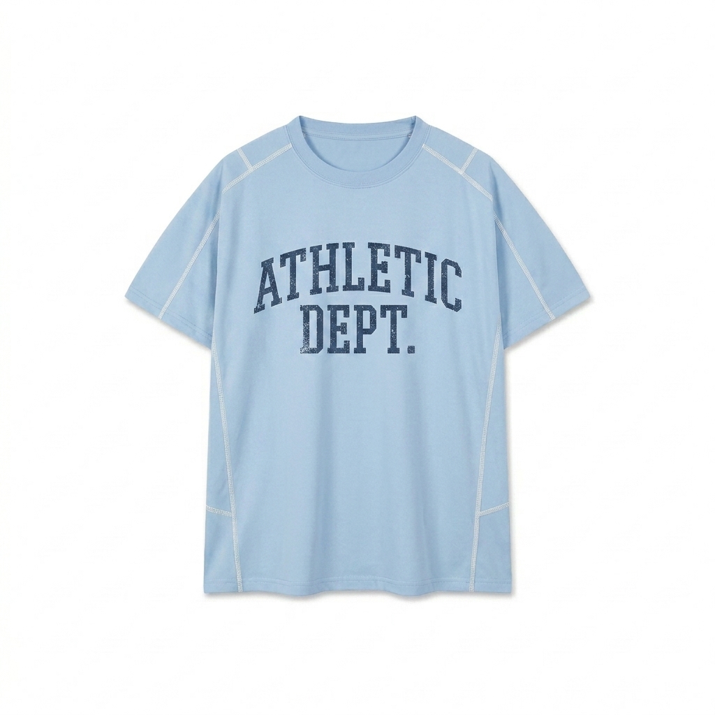 Custom Unisex Contrast Stitch T-Shirt design direction 3: Vintage Collegiate Text featuring the ATHLETIC DEPT. wordmark