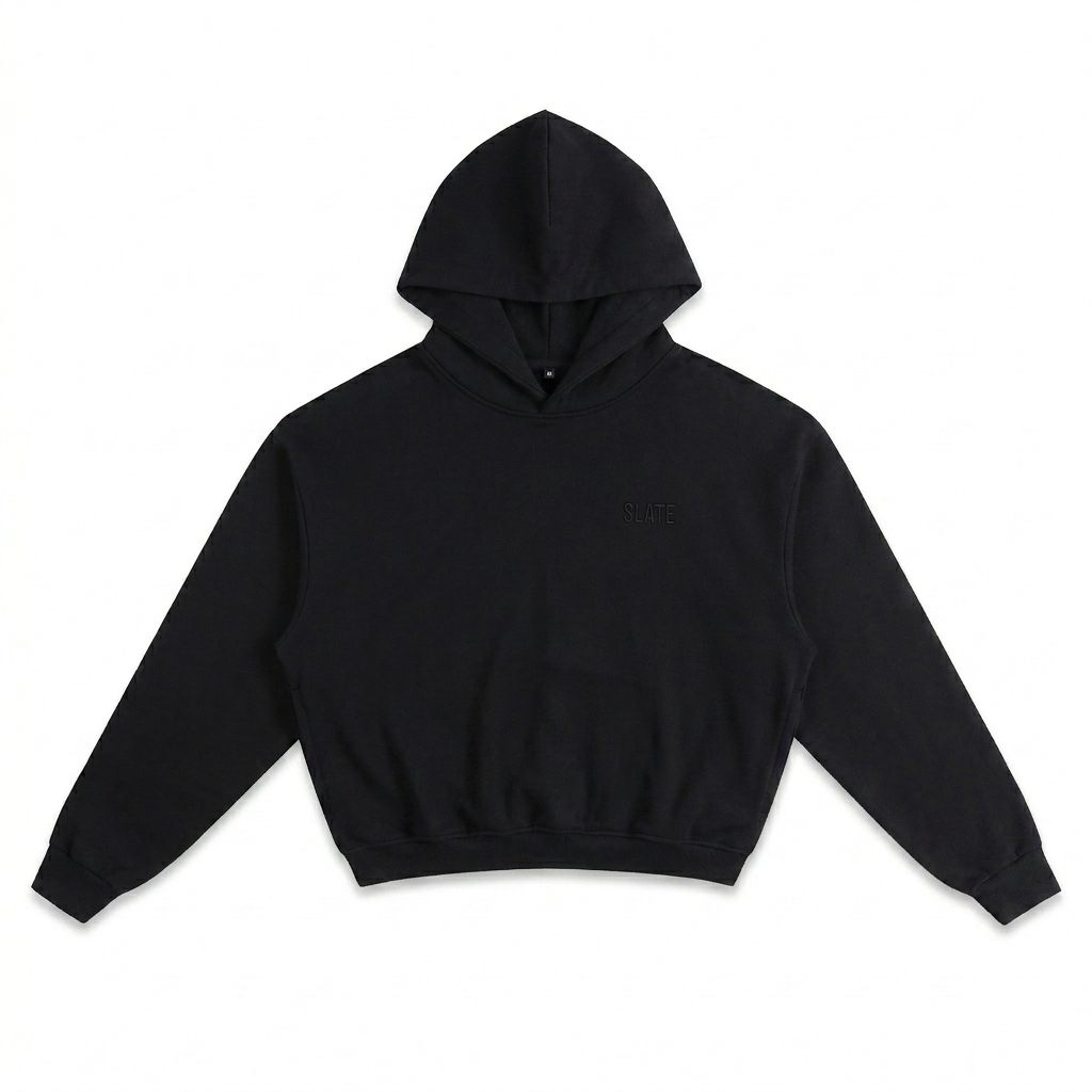 Custom Unisex Cropped Hoodie design direction 1: Tonal Minimalist Wordmark featuring the SLATE wordmark