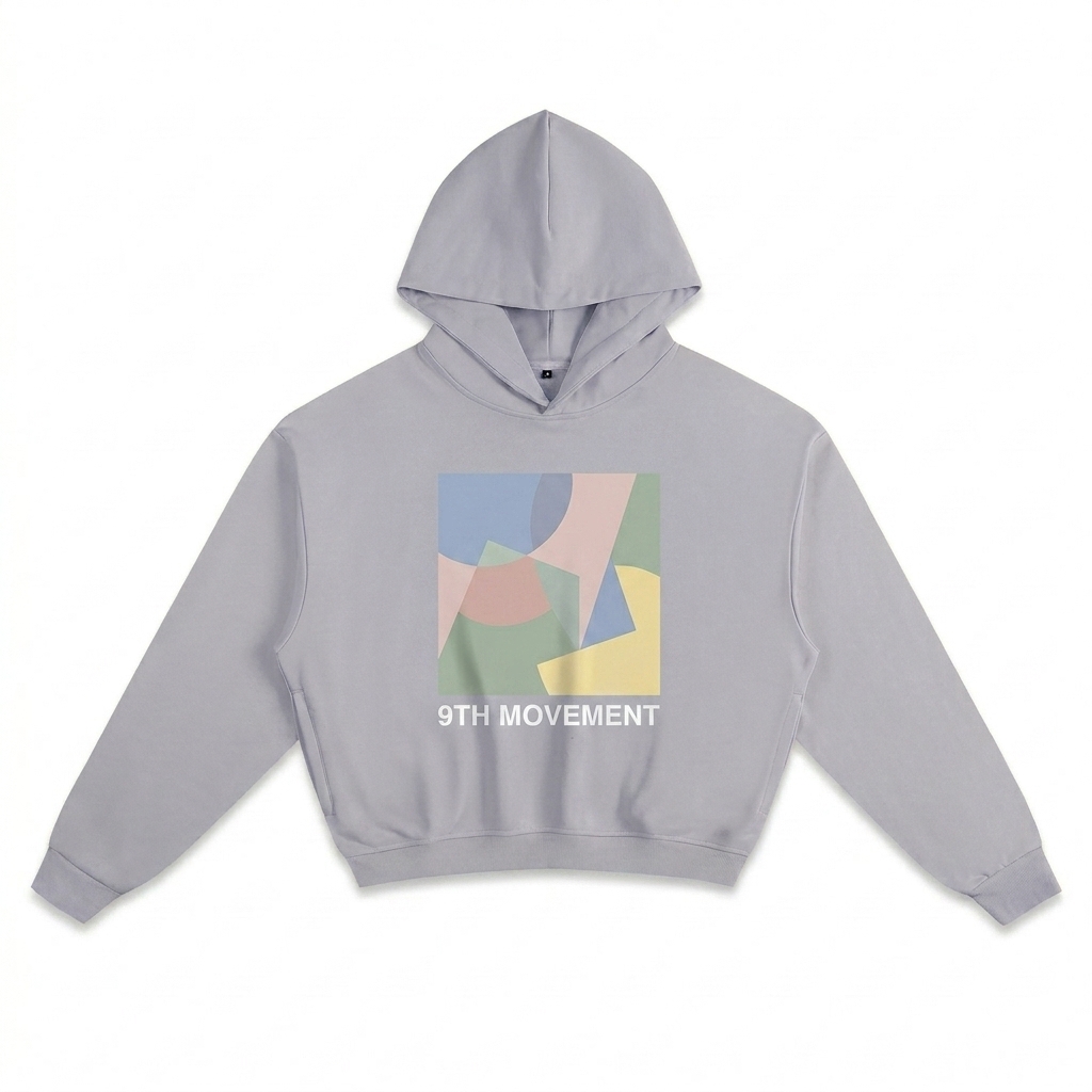 Custom Unisex Cropped Hoodie design direction 2: Abstract Geometric Graphic featuring the 9TH MOVEMENT wordmark