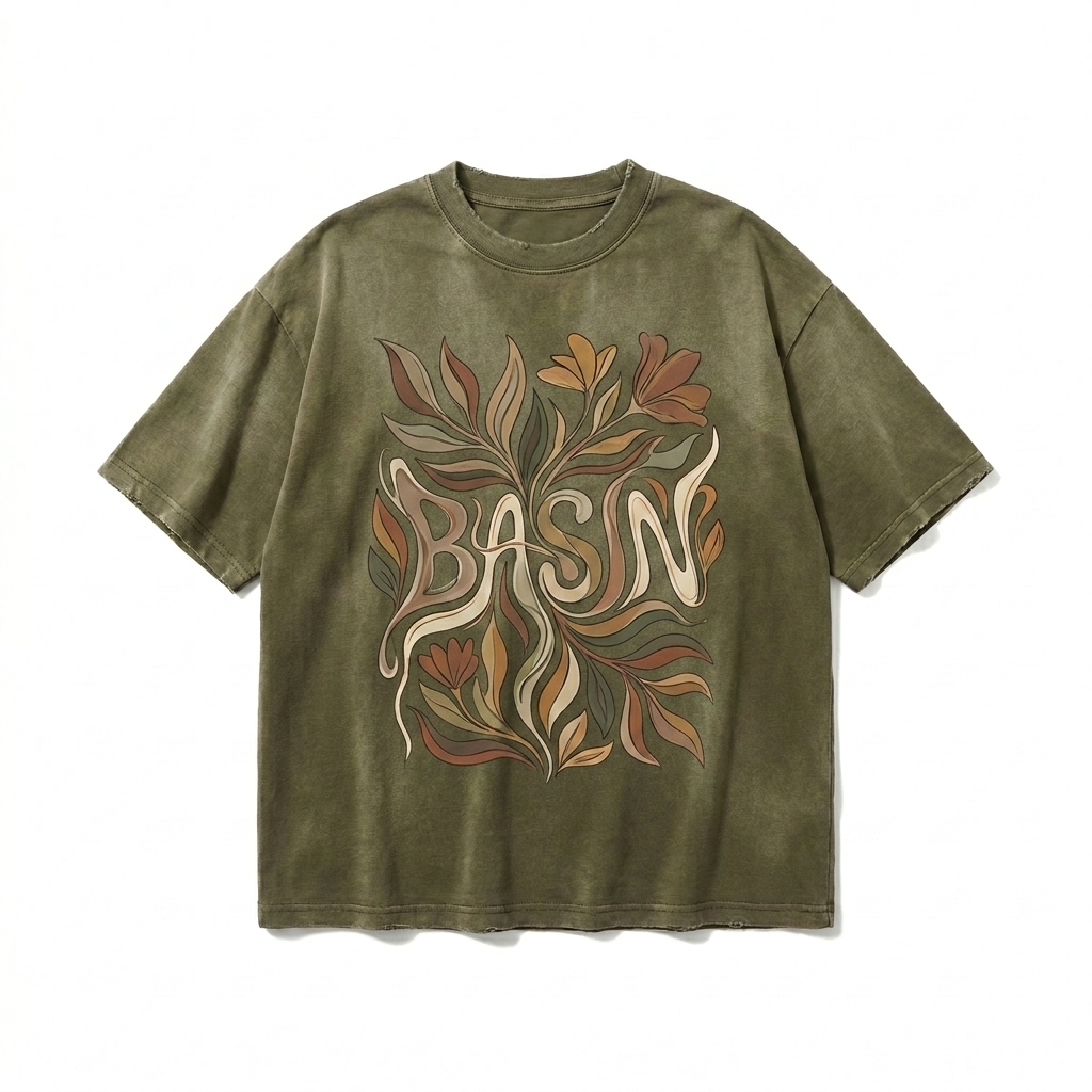 Custom Unisex Distressed Boxy T-Shirt design direction 2: Abstract Botanical Graphic featuring the BASIN wordmark