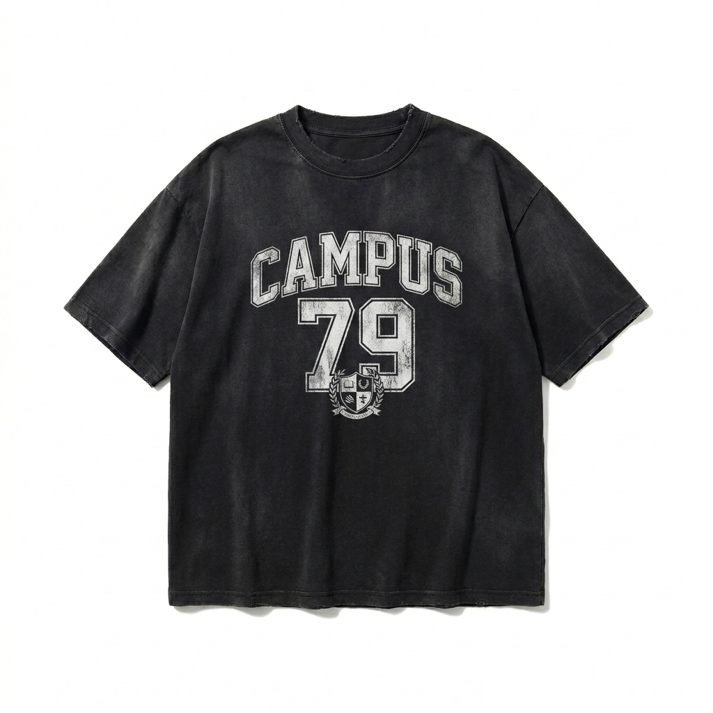 Custom Unisex Distressed Boxy T-Shirt design direction 3: Vintage Collegiate Emblem featuring the CAMPUS 79 wordmark