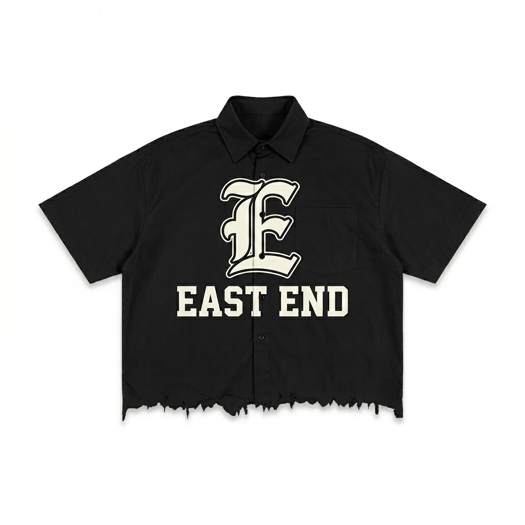 Custom Unisex Distressed Plaid Boxy Shirt design direction 1: Retro Collegiate Emblem featuring the EAST END wordmark