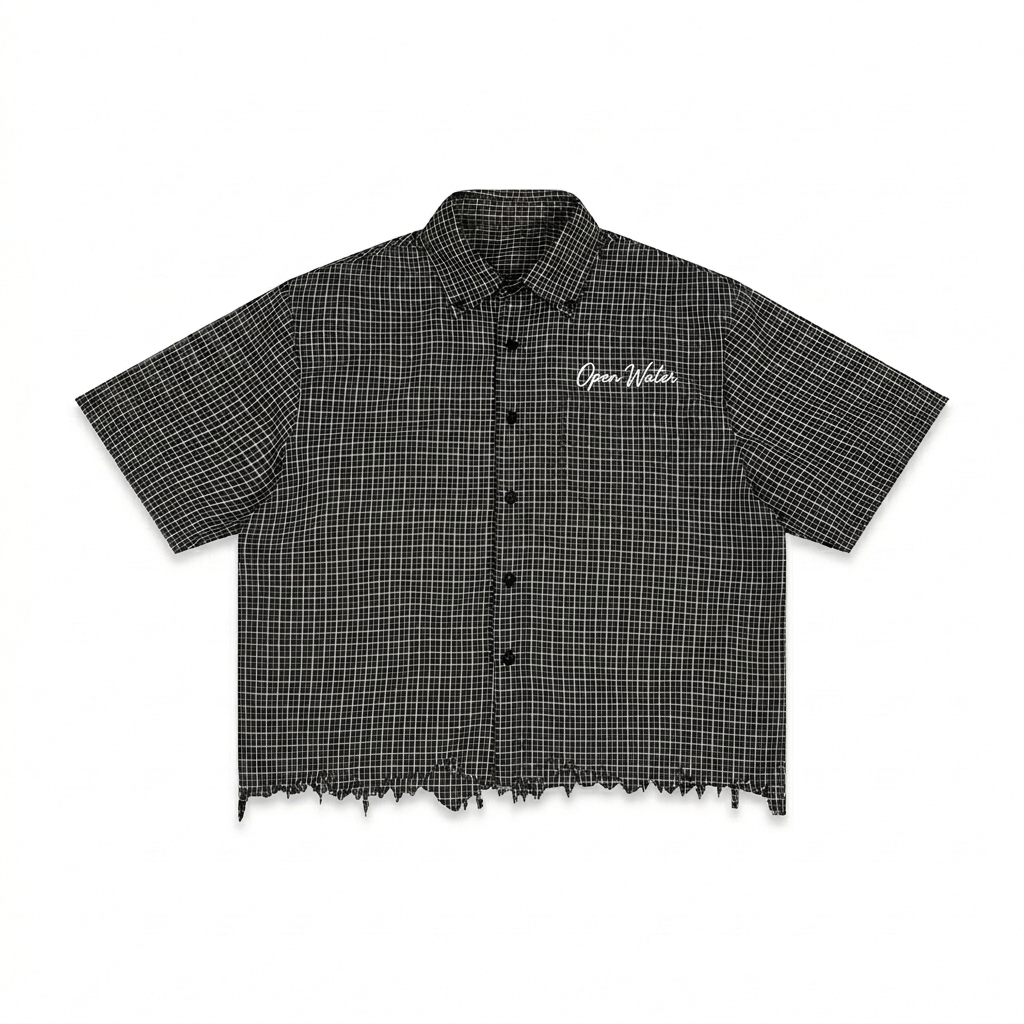 Custom Unisex Distressed Plaid Boxy Shirt design direction 2: Minimalist Script Wordmark featuring the Open Water wordmark