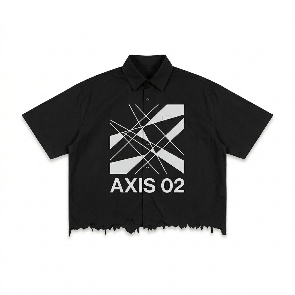 Custom Unisex Distressed Plaid Boxy Shirt design direction 3: Abstract Geometric Graphic featuring the AXIS 02 wordmark