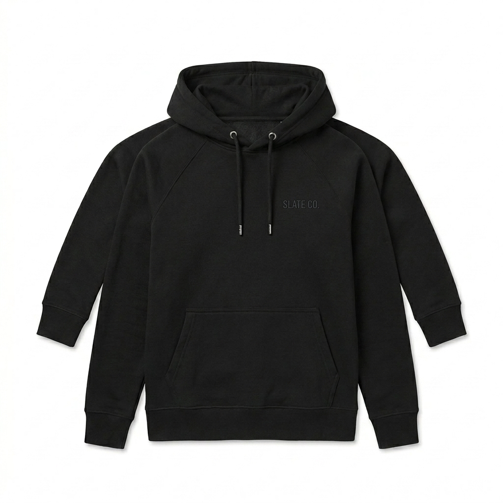 Custom Unisex Eco Raglan Hoodie design direction 1: Subtle Tonal Embroidery featuring the SLATE CO. wordmark