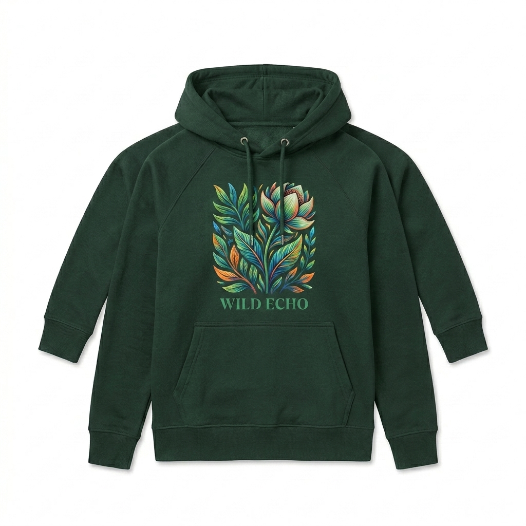 Custom Unisex Eco Raglan Hoodie design direction 2: Vibrant Botanical Graphic featuring the WILD ECHO wordmark