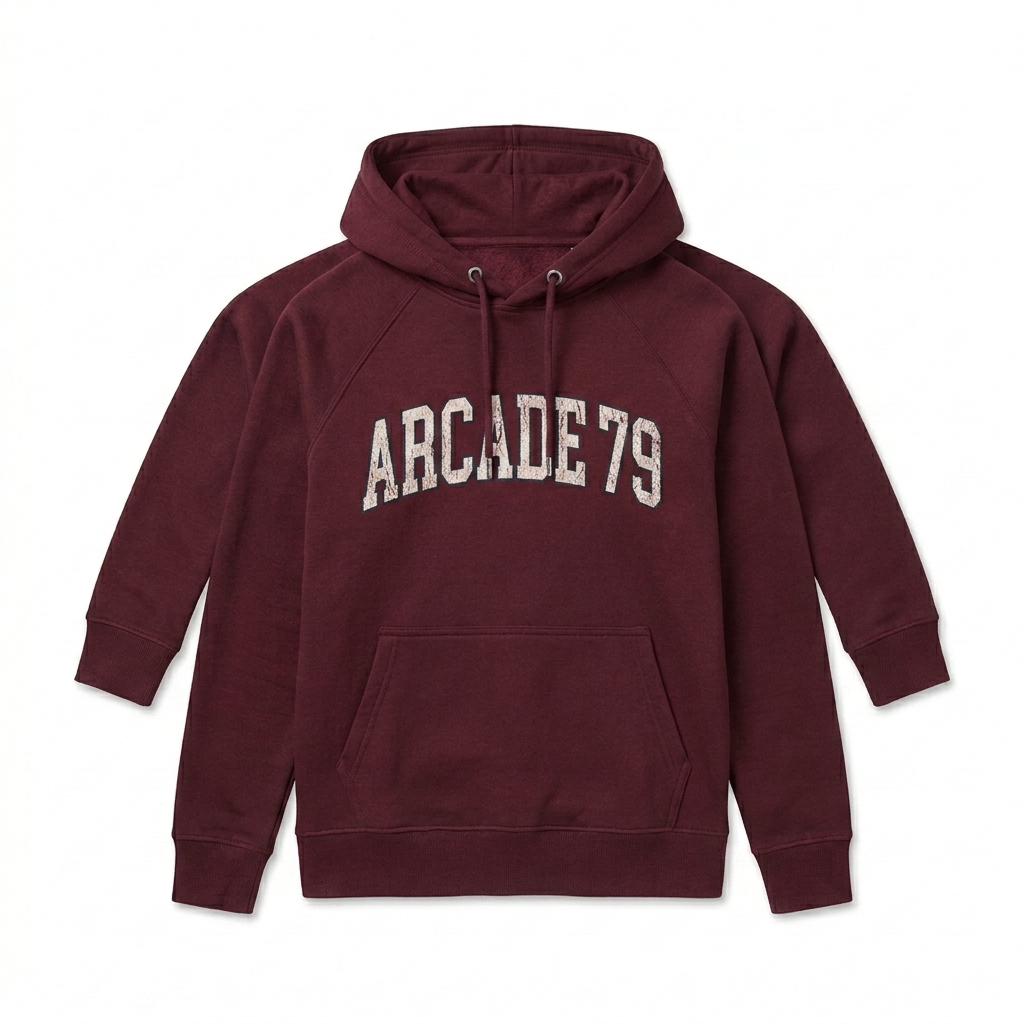 Custom Unisex Eco Raglan Hoodie design direction 3: Classic Varsity Lettering featuring the ARCADE 79 wordmark