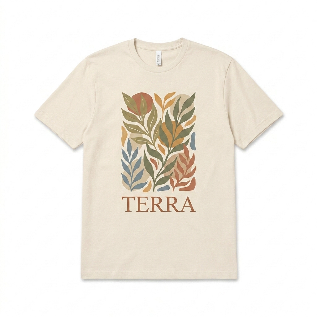 Custom Unisex Fine Jersey Tee design direction 2: Botanical Illustration Graphic featuring the TERRA wordmark