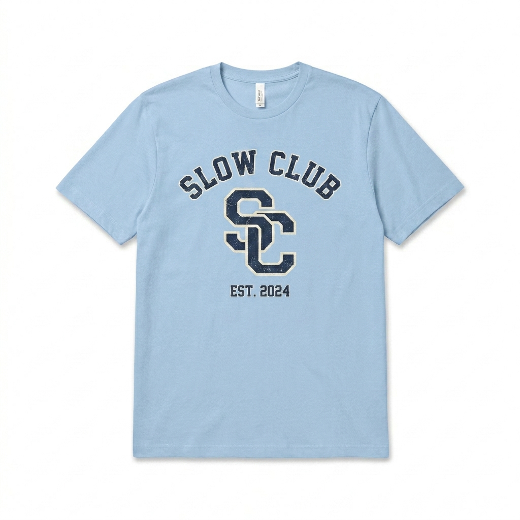 Custom Unisex Fine Jersey Tee design direction 3: Retro Collegiate Emblem featuring the SLOW CLUB wordmark