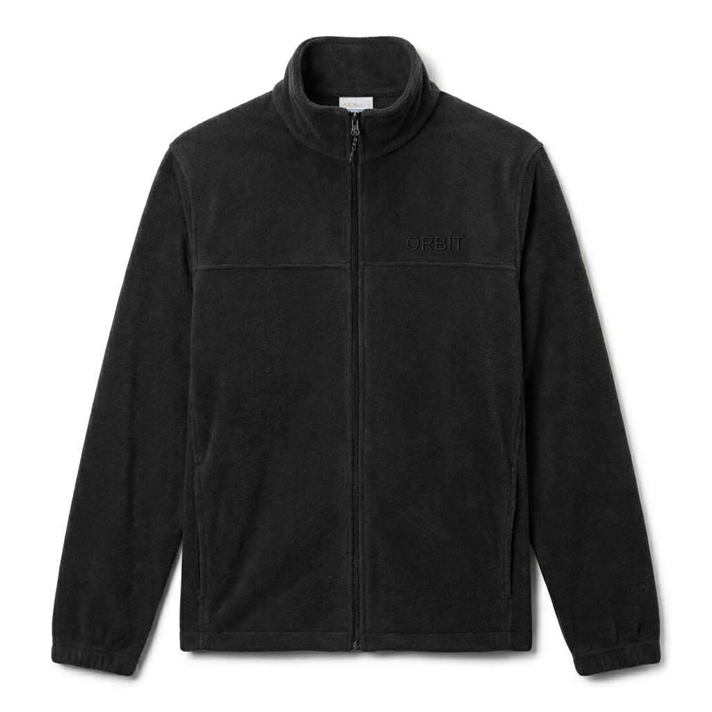 Custom Unisex Fleece Jacket design direction 1: Subtle Tonal Chest Embroidery featuring the ORBIT wordmark