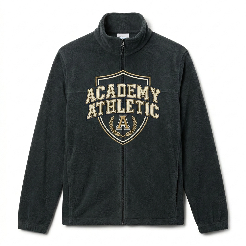 Custom Unisex Fleece Jacket design direction 2: Classic Collegiate Emblem featuring the ACADEMY ATHLETIC wordmark