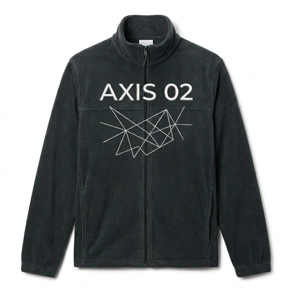 Custom Unisex Fleece Jacket design direction 3: Abstract Geometric Line Art featuring the AXIS 02 wordmark